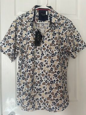 Silver Ston Floral Short-Sleeve Button-Down Shirt - White with Navy & Brown